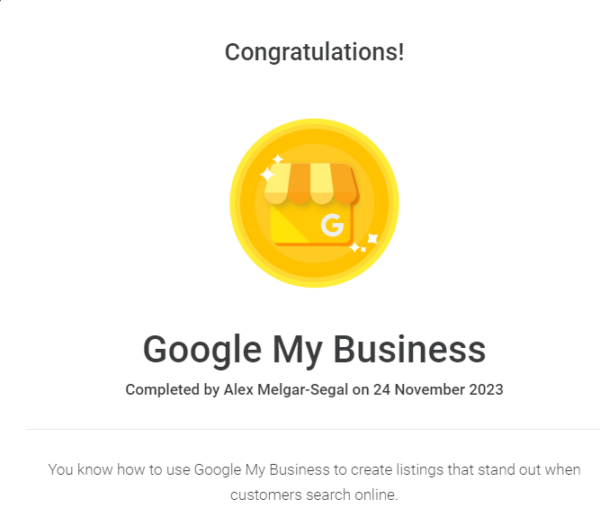 Google My Business completion award earned by Alex Melgar-Segal